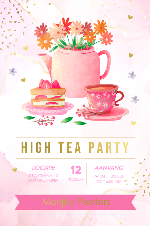 High Tea uitnodiging theepot gebak bloemen roze goudfolie