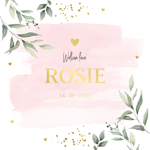 Geboortekaartje meisje roze waterverf bladeren botanisch goudfolie