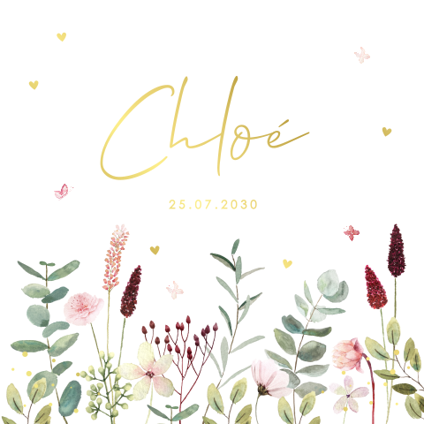 Geboortekaartje meisje wit zomerse bloemen goudfolie