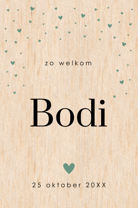 Geboortekaartje echt hout hartjes jongen clean rustig