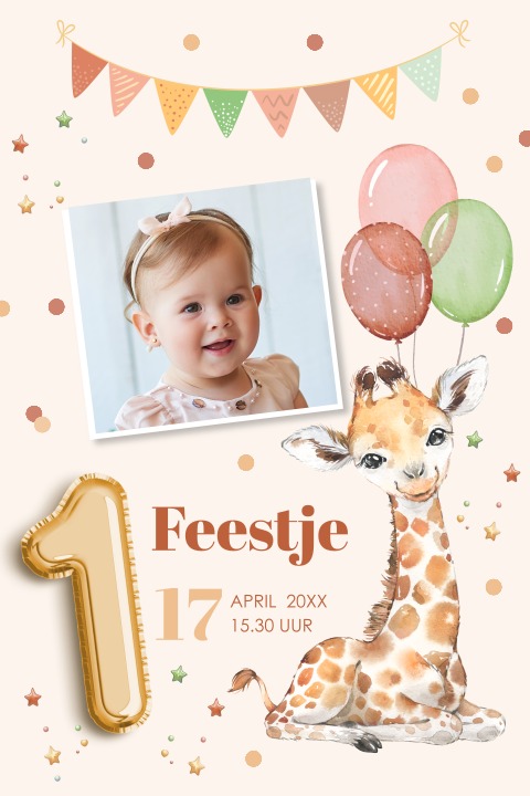 Uitnodiging kinderfeestje 1 jaar foto giraffe ballonnen