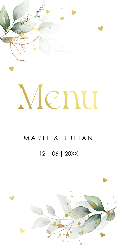 Menukaart huwelijk botanisch bladeren goudfolie