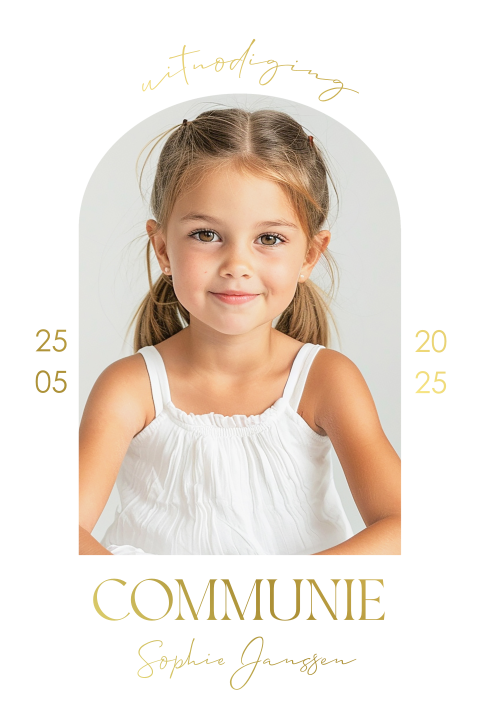 Communiekaart meisje eigen foto boog wit goudfolie