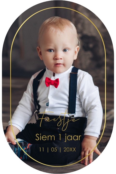Uitnodiging kinderfeestje ovaal eigen foto 1 jaar goudfolie