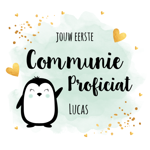 Felicitatie eerste communie kaart jongen dieren pinguïn groen goudlook