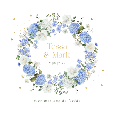 Landelijke trouwkaart wit met bloemen blauw hortensia goudfolie