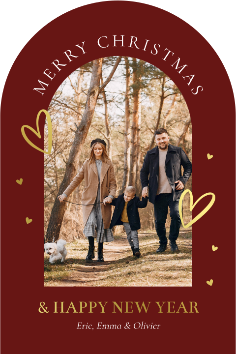 Luxe kerstkaart rood boog vorm met foto goudfolie