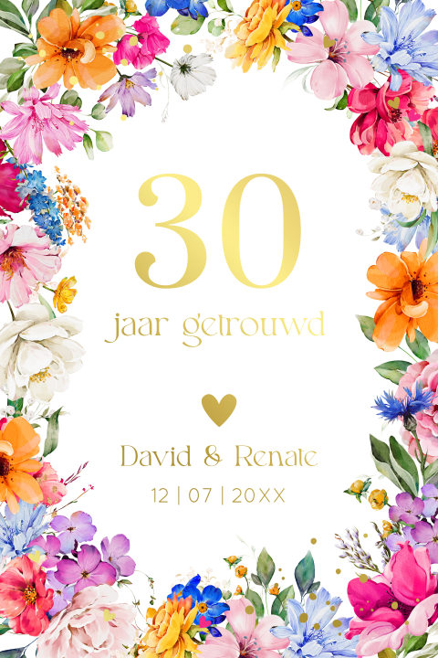 Jubileum uitnodiging 30 jaar getrouwd bloemen roze goudfolie
