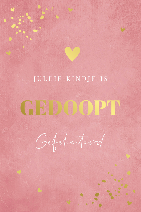 Felicitatie kaart doop meisje roze hartjes goudfolie