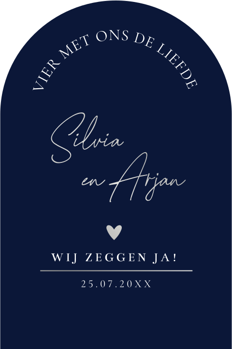 Stijlvolle trouwkaart donkerblauw boog luxe zilverfolie