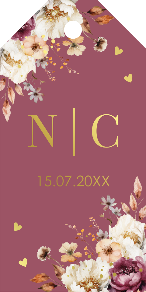 Labeltjes huwelijk bloemen aubergine goudfolie | 18 stuks