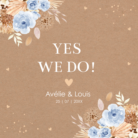 Trouwkaart bohemian bloemen blauw kraftlook