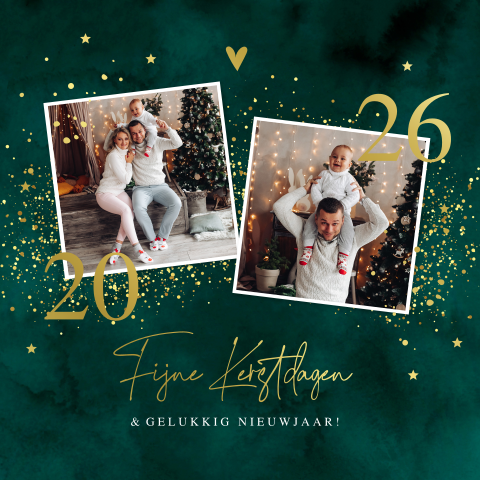 Kerstkaart met foto groen luxe goudfolie 2026