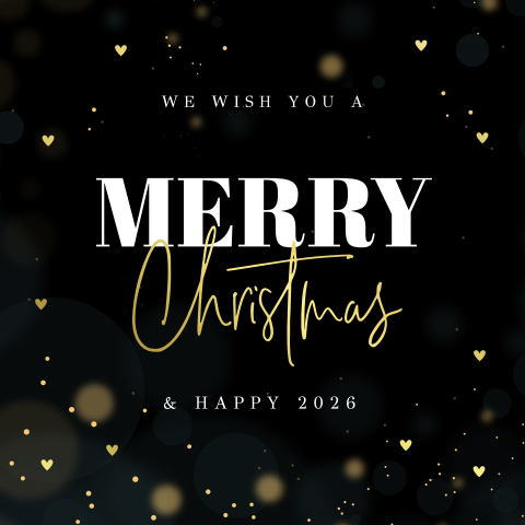 Kerstkaart zwart met goudfolie Merry Christmas