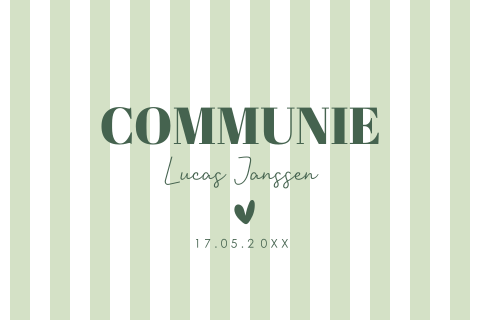Communie uitnodiging jongen groen strepen modern hartje