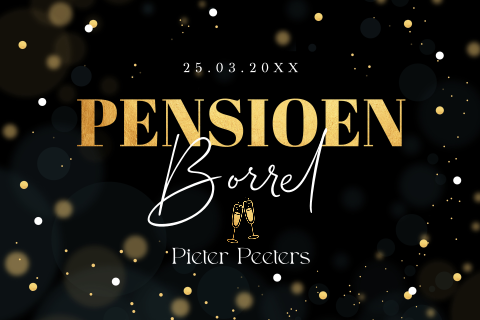 Pensioen uitnodiging zwart goudlook spetters champagne