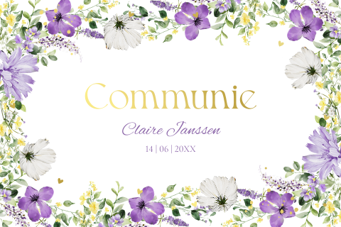 Communie uitnodiging meisje bloemen paars goudfolie