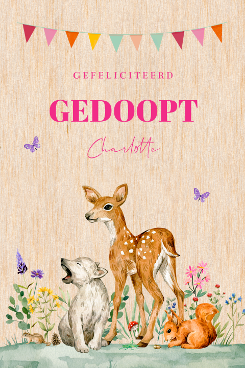Felicitatie kaart doop meisje bosdieren hertje slinger houtlook
