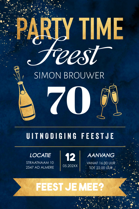 Uitnodiging verjaardag 70 jaar blauw goudlook typografie