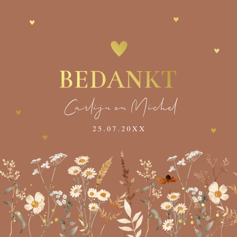 Bedankkaart huwelijk bruin bloemen goudfolie