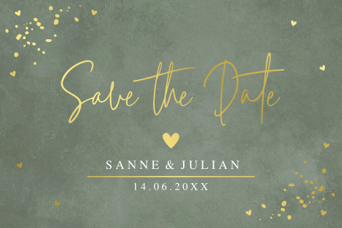Save the Date kaart rechthoekig groen hartjes goudfolie