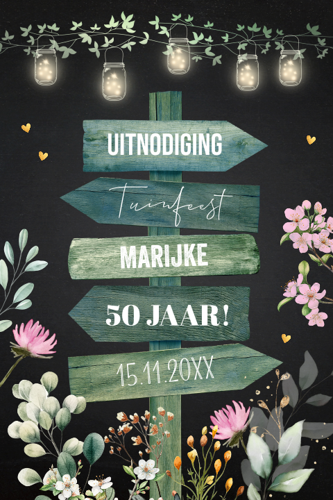 Uitnodiging tuinfeest wegwijzer groen bloemen lampjes