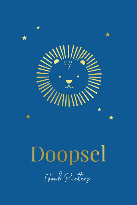 Doopkaart jongen blauw leeuwtje goudfolie