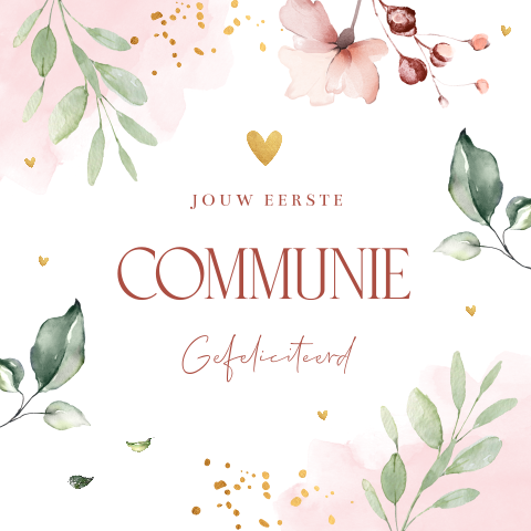 Communie felicitatie kaart meisje bloemen roze