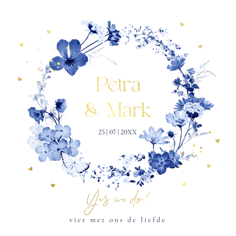 Trouwkaart blauw bloemenkrans goudfolie