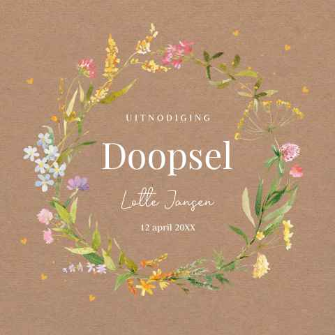 Doopkaart meisje bloemen krans geel kraftlook