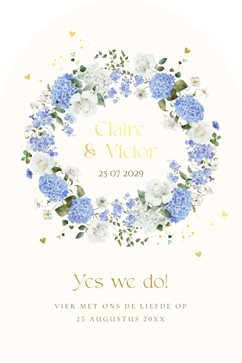 Trouwkaart boog watercolour bloemen blauw hortensia goudfolie