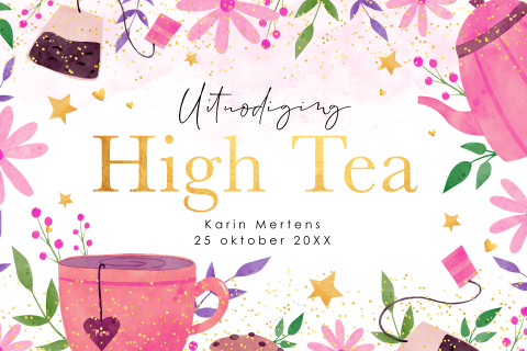 High Tea uitnodiging leuke thee figuurtjes roze goudlook