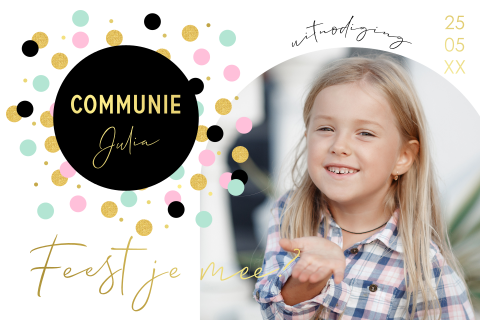 Communie uitnodiging meisje foto boog confetti goudfolie