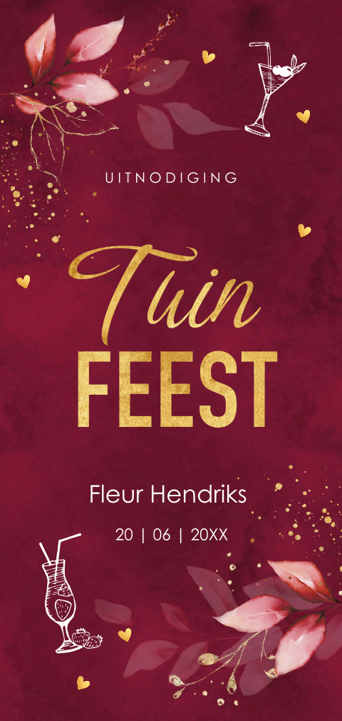 Tuinfeest uitnodiging rood goudlook cocktails blaadjes floral
