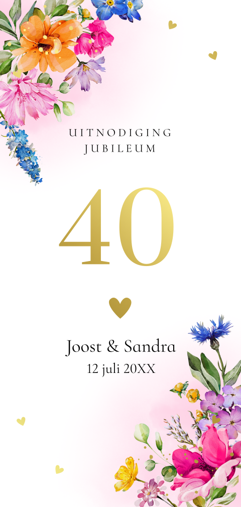 Jubileum uitnodiging 40 jaar getrouwd kleurrijke bloemen goudfolie