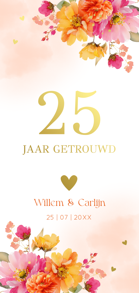 Uitnodiging huwelijk 25 jaar getrouwd bloemen oranje roze goudfolie