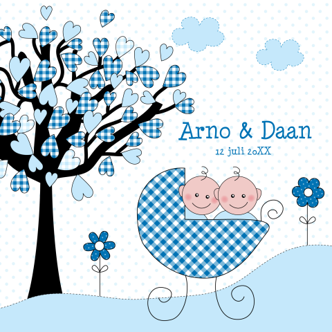 Geboortekaartje tweeling jongens blauw baby kinderwagen