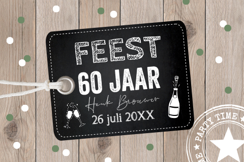Uitnodiging verjaardag 60 jaar hout met labelprint zwart
