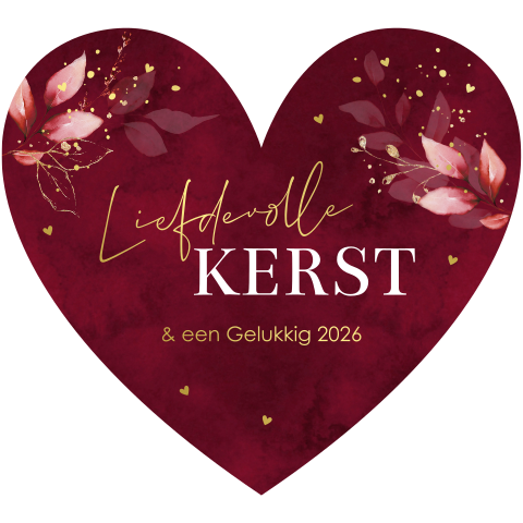 Kerstkaart hartje rood goudfolie botanisch