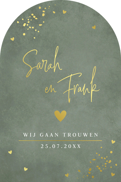 Trouwkaart groen goudfolie boog vorm
