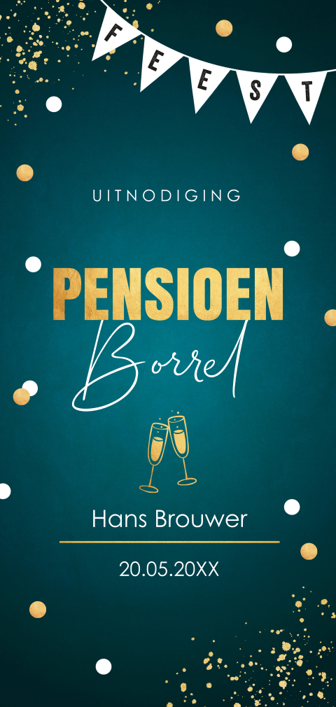 Pensioen uitnodiging langwerpig blauw confetti goudlook