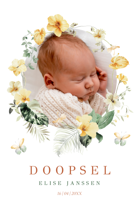 Doop uitnodiging meisje foto bloemen geel boog