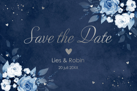 Save the Date kaart blauw bloemen zilverfolie
