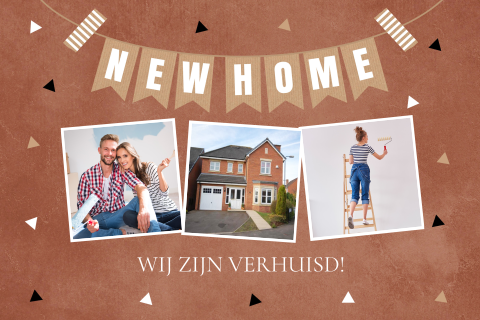 Verhuiskaart roestbruin slinger "new home" fotocollage