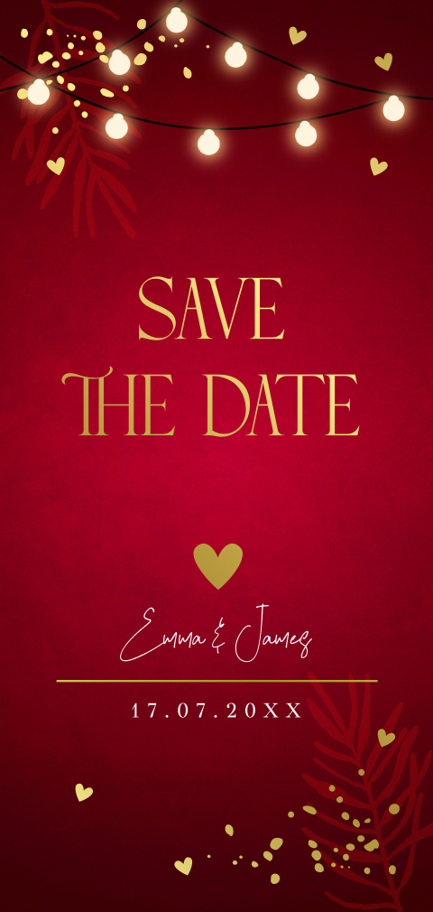 Save the Date kerstkaart rood lampjes goudfolie