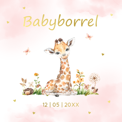 Kraamborrel kaartje giraffe roze meisje goudfolie