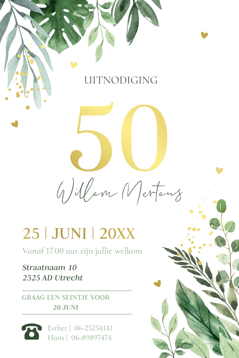 Uitnodiging verjaardag 50 jaar wit botanisch groen bladeren goudfolie