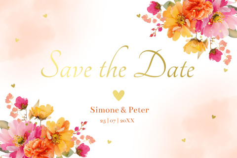 Save the Date kaart felgekleurde bloemen pink orange goudfolie
