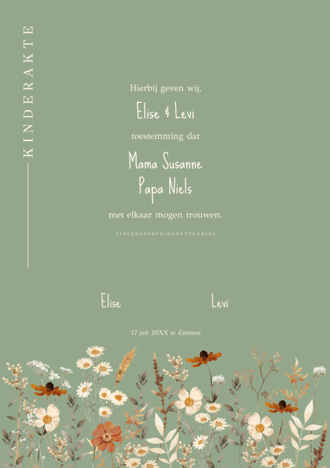 Kinderakte huwelijk groen veldbloemen beige