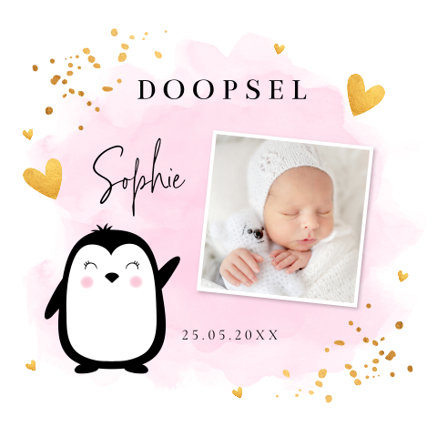 Doopkaart meisje waterverf pinguïn roze goudlook
